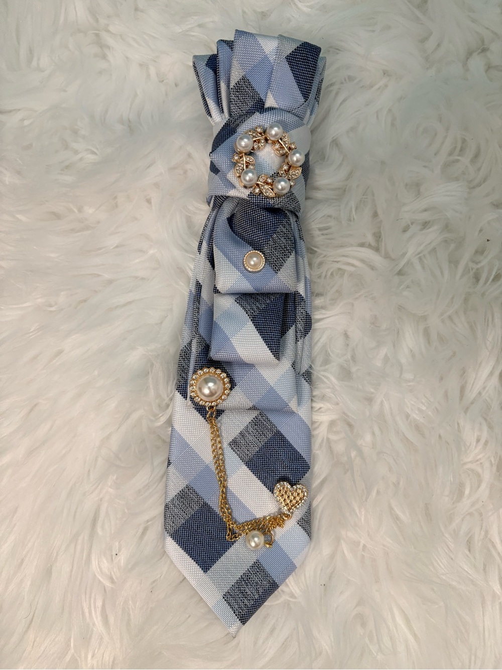 Light Blue & Navy Plaid Embellished Necktie Necklace